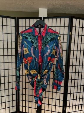 AKIRA Teal Multicolor Long-Sleeve Button Down Shirt